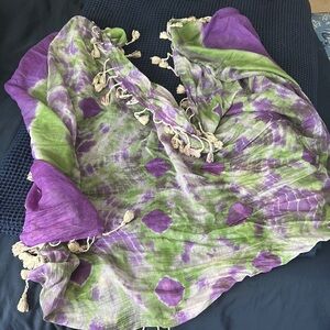 Purple and Green Tie-Dye Scarf with Tassels